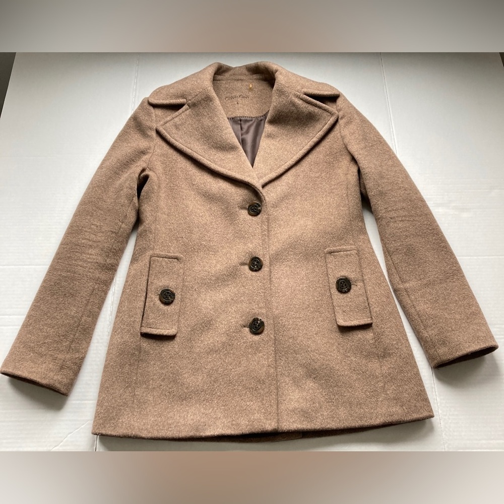 Calvin Klein Womens Wool Silk Pea Coat Size 4 Oat Brown/Tan Button Up Overcoat